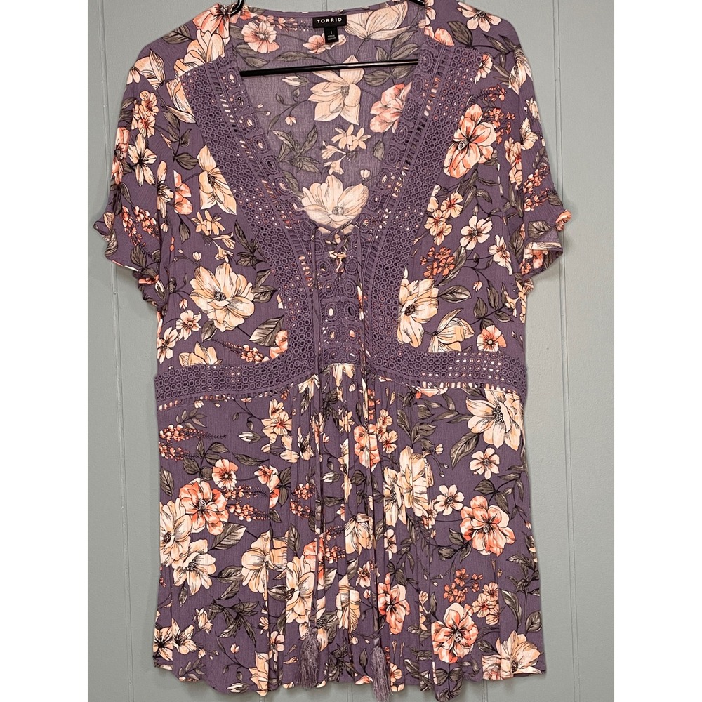 Torrid Floral Babydoll Top Womens‎ 1 Purple Excellent Lace Up Crochet Boho Trim